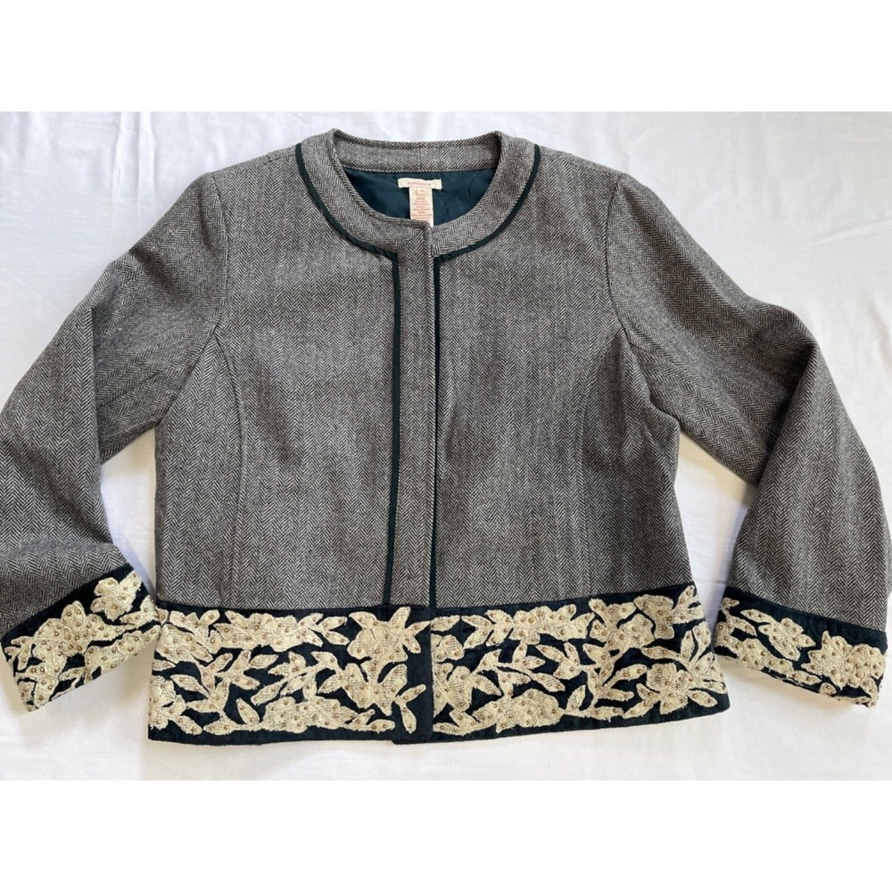 Sundance Catalog Gray Tweed Embroidered Velvet Trim Blazer Jacket Herringbone 14